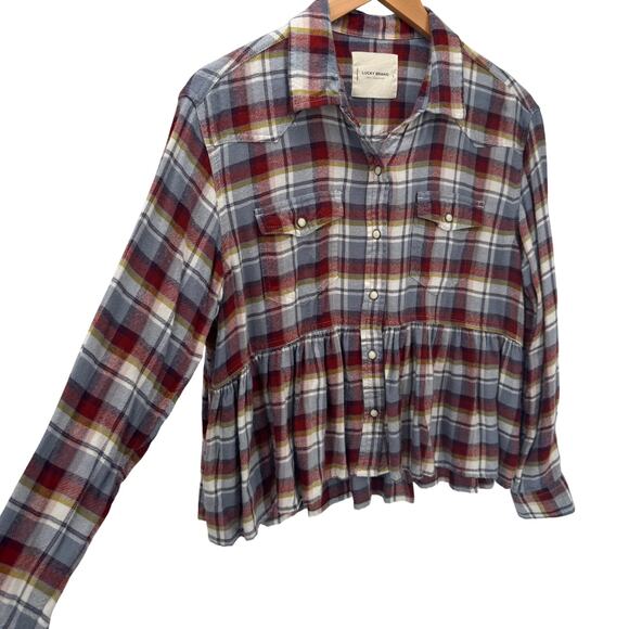 Lucky Brand Shirt Womens Small Plaid Flannel Pearl Snap Peplum Hem Cropped - Picture 3 of 9